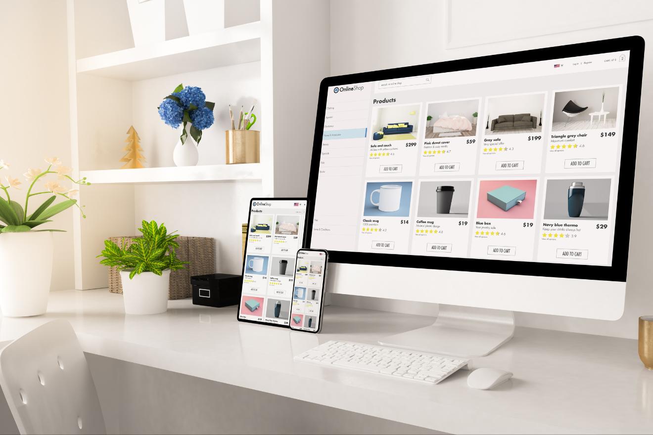 Negozio online visualizzato su computer, tablet e smartphone